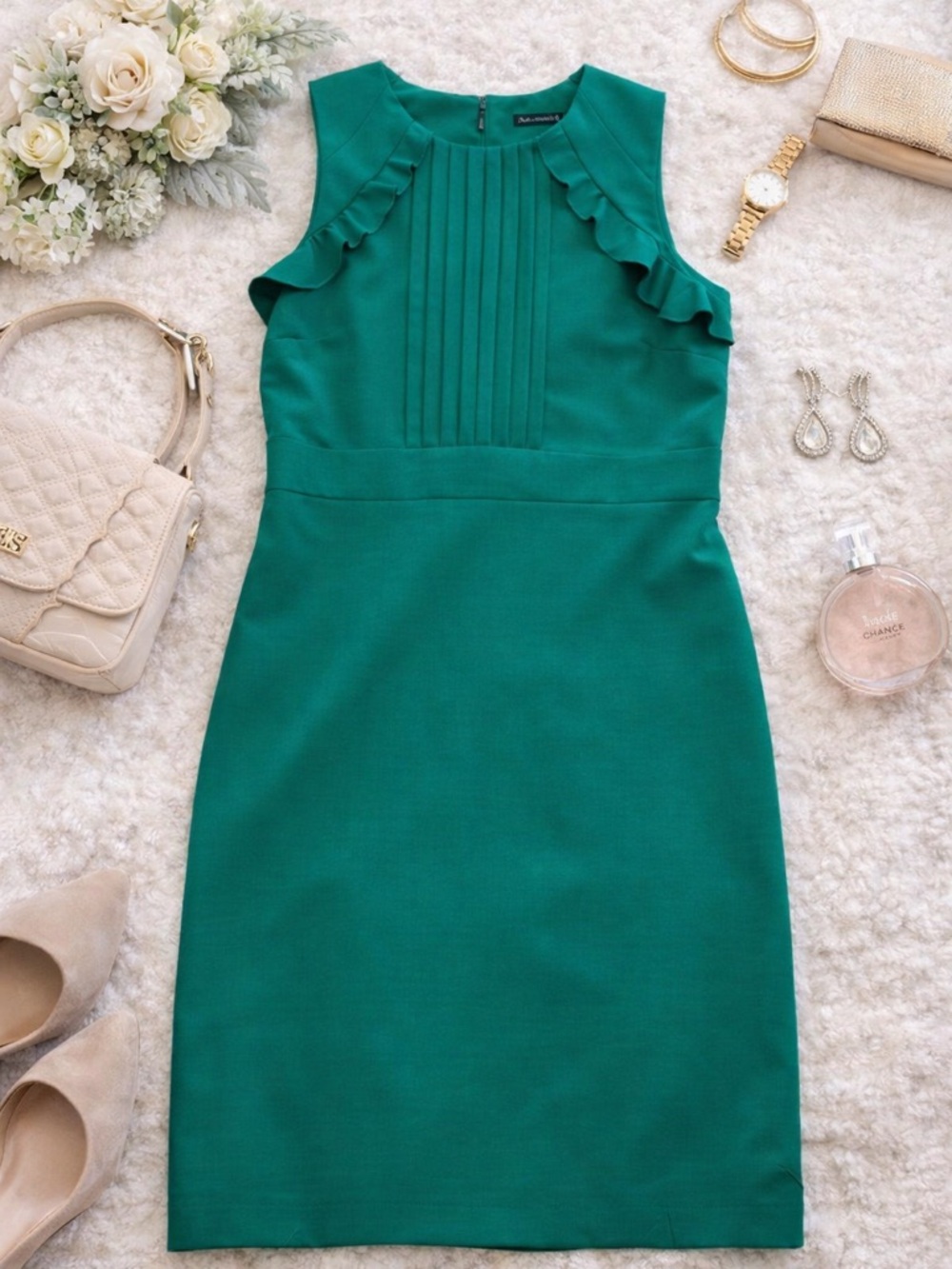 Ann Taylor Emerald Green Ruffle Neck Sheath Dress Size 12